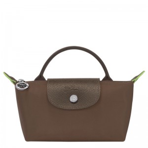 Men Longchamp Le Pliage Green With Handle Pouch Dark Brown | Ireland-512MGDOFB