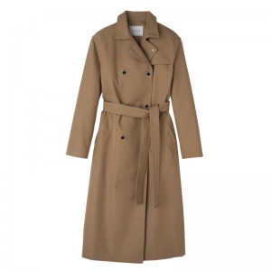Women Longchamp Gabardine Trench Coat Brown | Ireland-316THMRWU