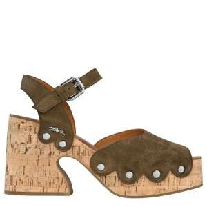 Women Longchamp La Cigale Sandals Olive | Ireland-743POYKBN