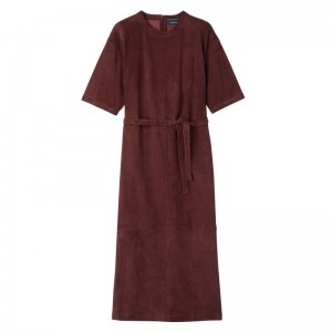 Women Longchamp Leather Long Dress Burgundy | Ireland-960UNKGCM