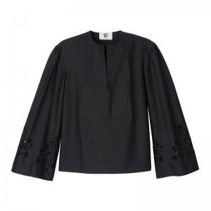 Women Longchamp Poplin Embroidered Blouse Black | Ireland-305TBZVID