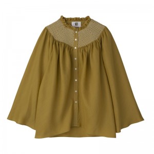 Women Longchamp Smocked Veil Blouse Olive | Ireland-376QAKUVX