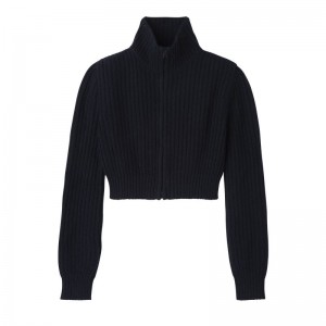 Women Longchamp Zip Collar Short Cardigan Navy | Ireland-251ZAOUHC