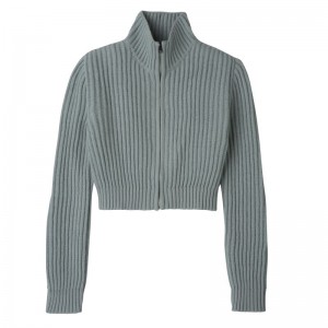 Women Longchamp Zip Collar Short Cardigan Blue | Ireland-860YIDHCA