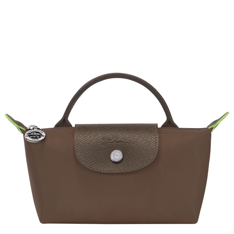 Men Longchamp Le Pliage Green With Handle Pouch Dark Brown | Ireland-512MGDOFB