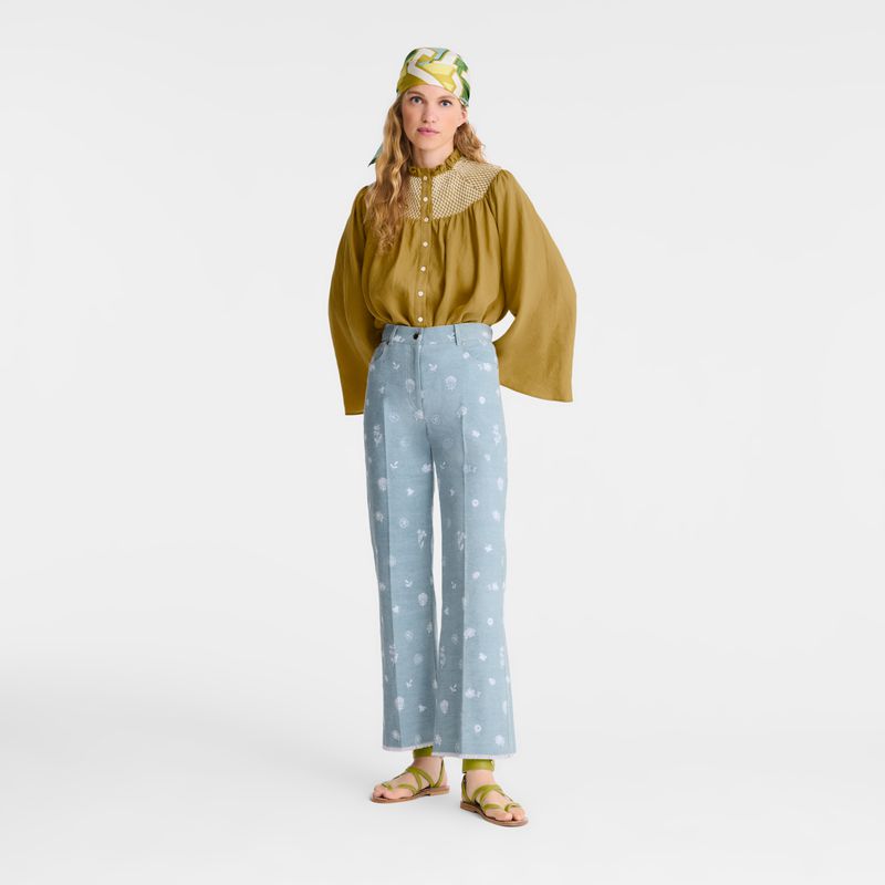 Women Longchamp Embroidered Denim Jeans Blue | Ireland-263AXNPWE