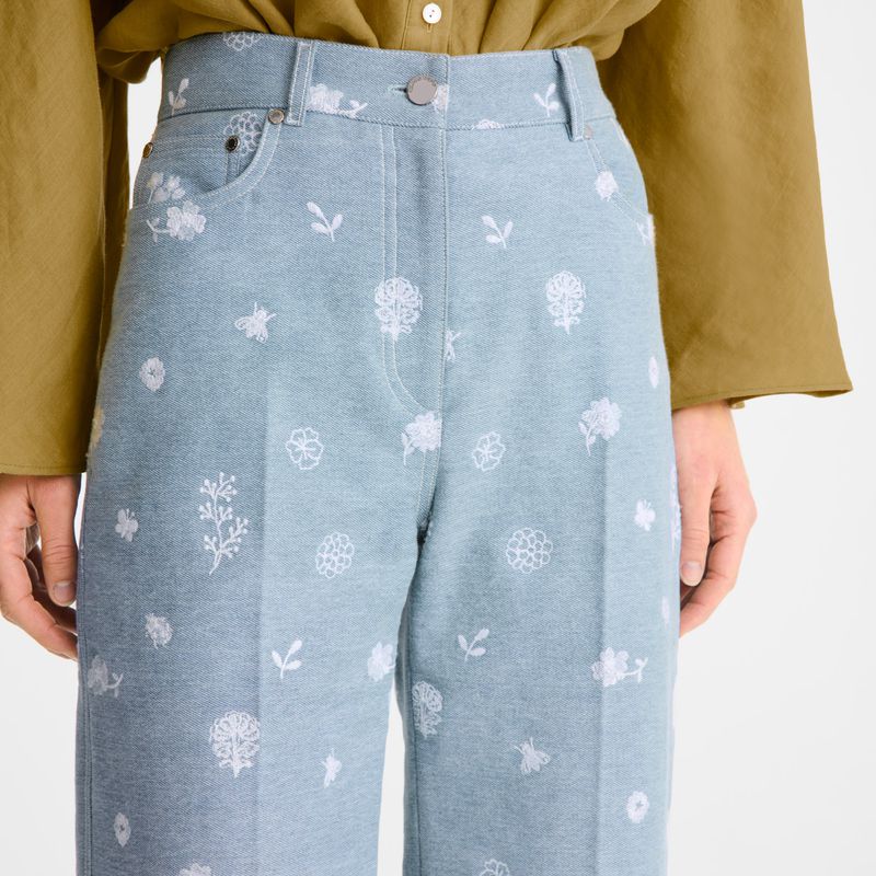 Women Longchamp Embroidered Denim Jeans Blue | Ireland-263AXNPWE