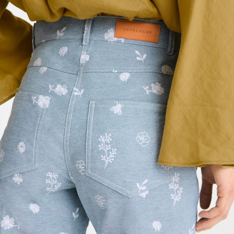 Women Longchamp Embroidered Denim Jeans Blue | Ireland-263AXNPWE