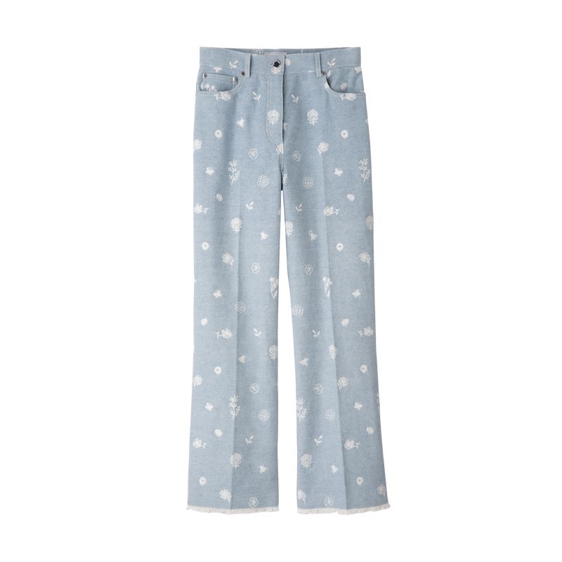 Women Longchamp Embroidered Denim Jeans Blue | Ireland-263AXNPWE