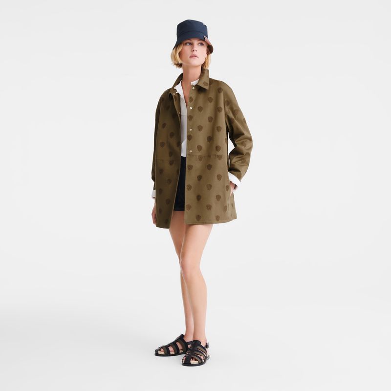 Women Longchamp Embroidered Gabardine Coat Olive | Ireland-386YFCATQ