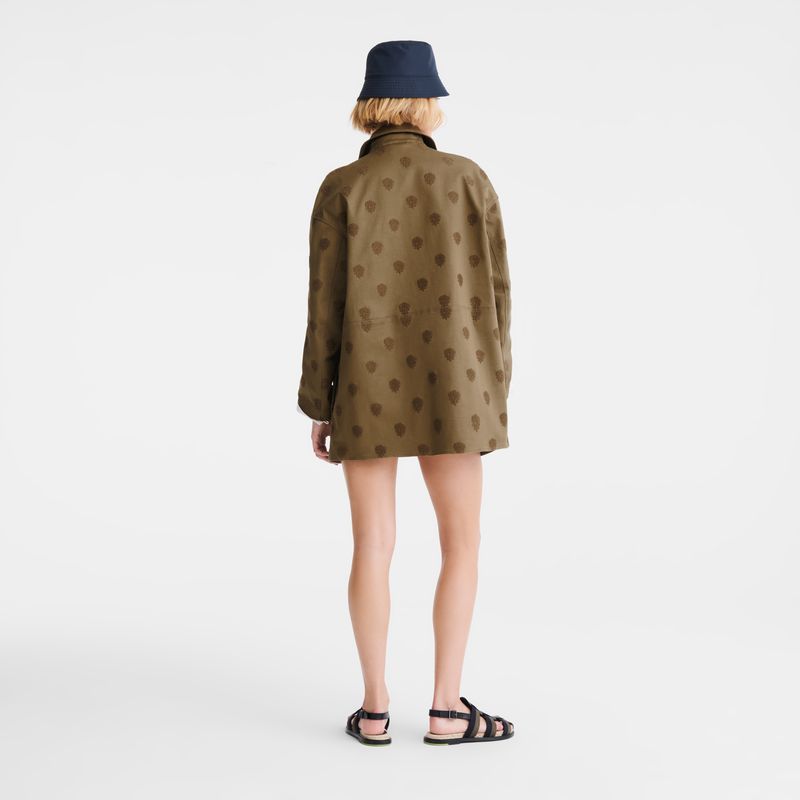 Women Longchamp Embroidered Gabardine Coat Olive | Ireland-386YFCATQ