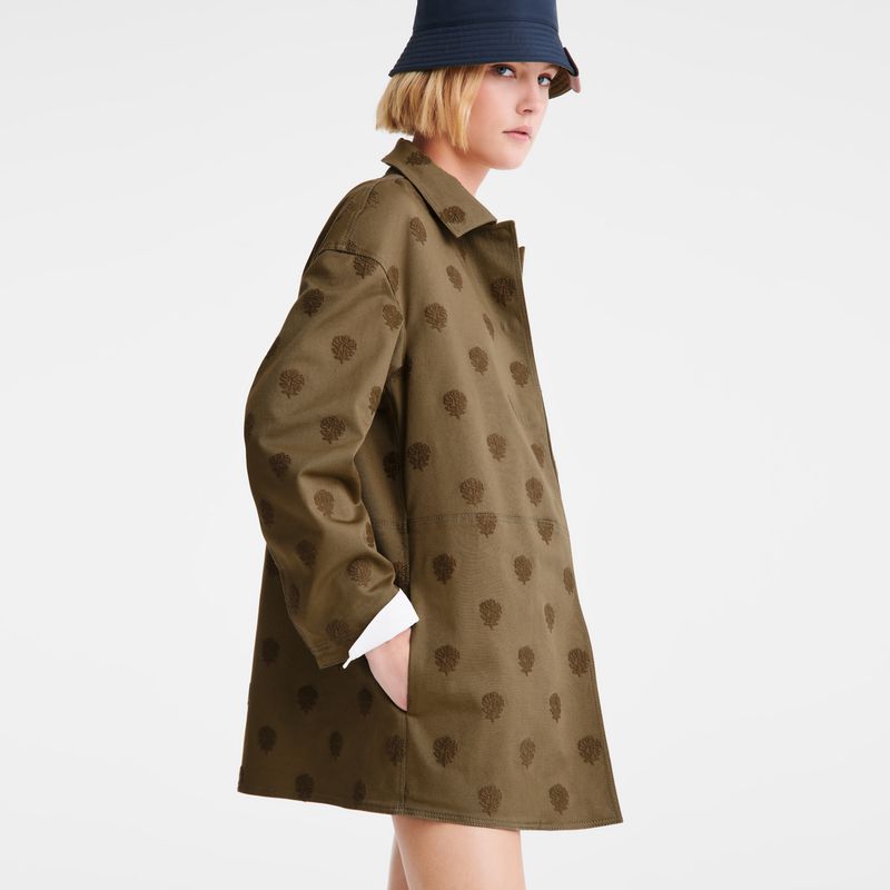 Women Longchamp Embroidered Gabardine Coat Olive | Ireland-386YFCATQ