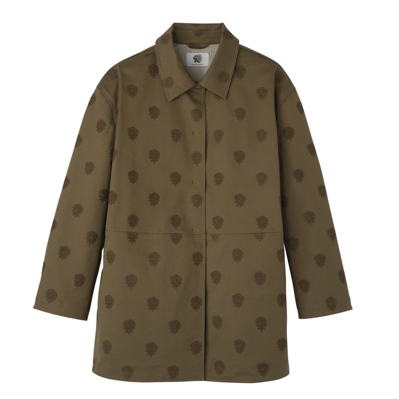 Women Longchamp Embroidered Gabardine Coat Olive | Ireland-386YFCATQ
