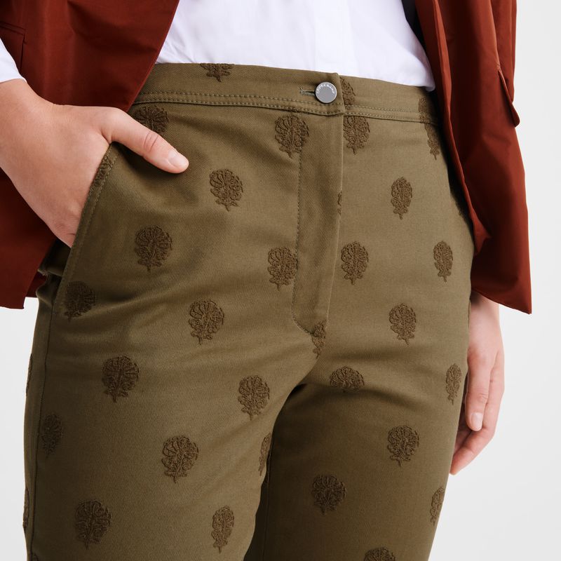 Women Longchamp Embroidered Gabardine Pants Olive | Ireland-384IWUGHD
