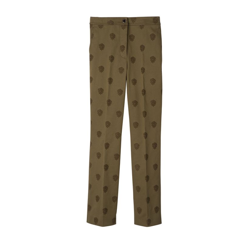 Women Longchamp Embroidered Gabardine Pants Olive | Ireland-384IWUGHD