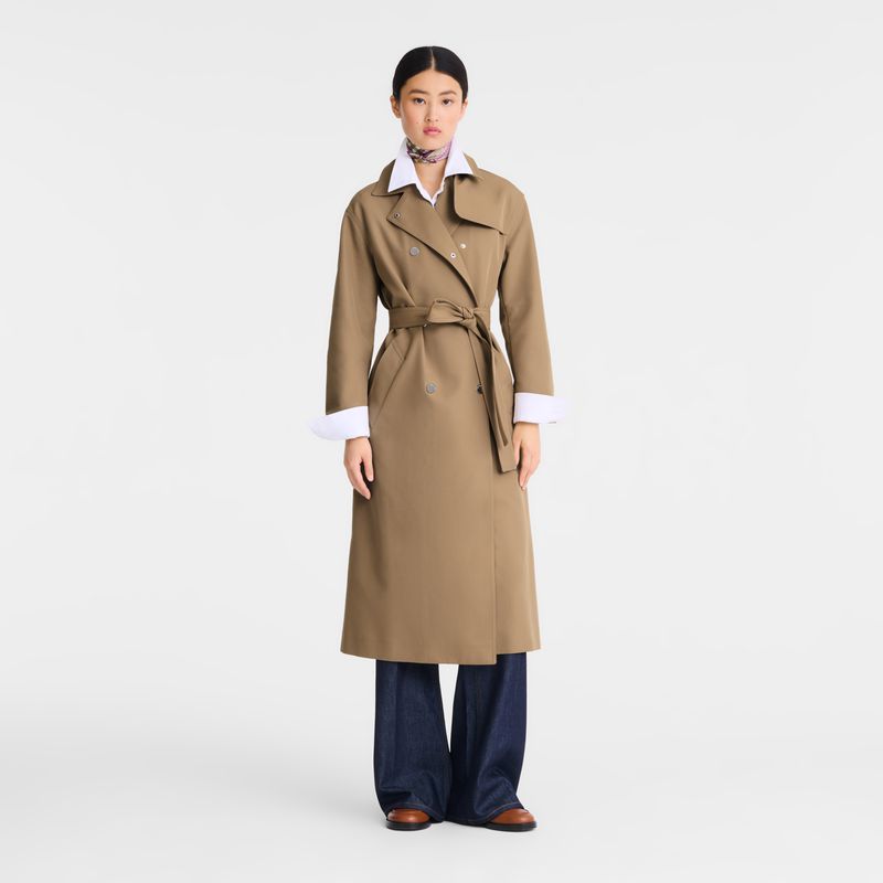 Women Longchamp Gabardine Trench Coat Brown | Ireland-316THMRWU