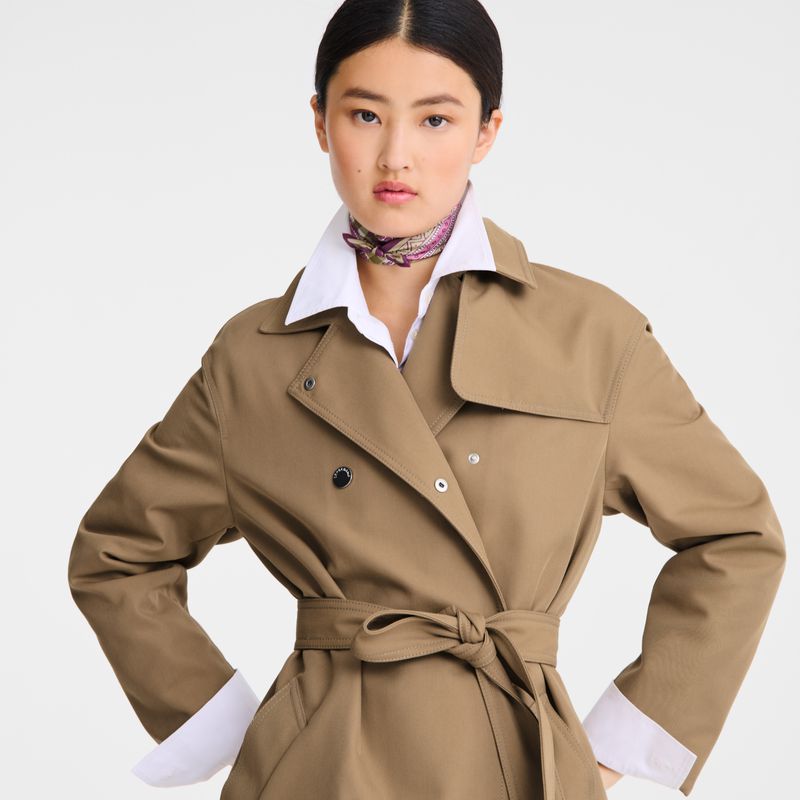 Women Longchamp Gabardine Trench Coat Brown | Ireland-316THMRWU