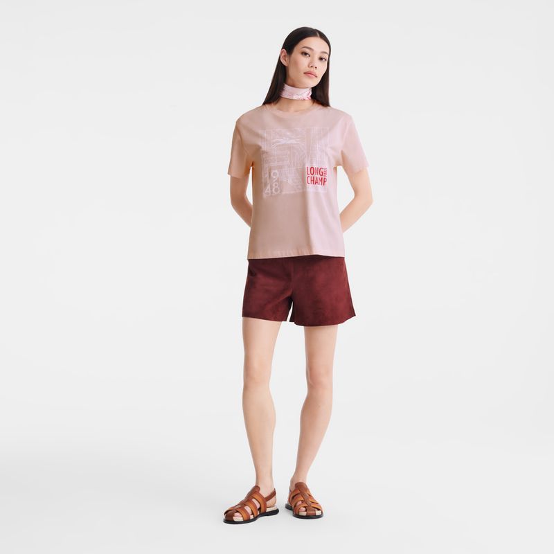Women Longchamp Jersey T-shirt Rose | Ireland-354WKUNOX