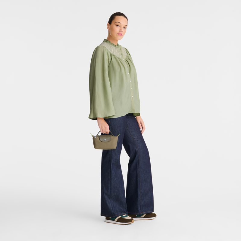 Women Longchamp Le Pliage Green With Handle Pouch Olive | Ireland-745AKMQOU