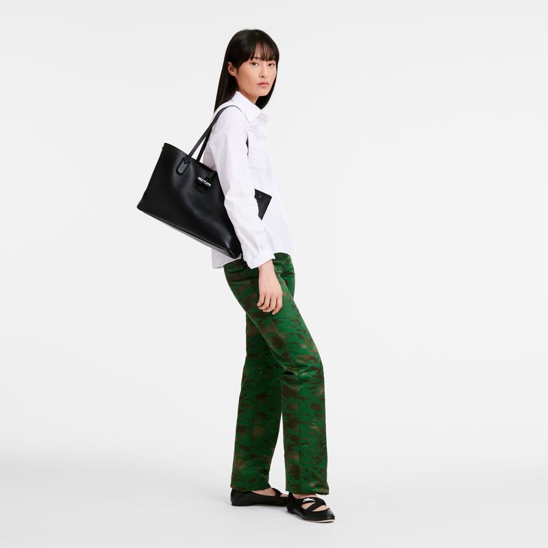 Women Longchamp Le Roseau Essential M Tote Bag Black | Ireland-941ZCBFSE