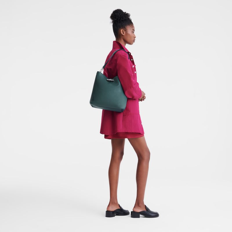 Women Longchamp Le Roseau M Shoulder Bag Blue Green | Ireland-492ARBYEG
