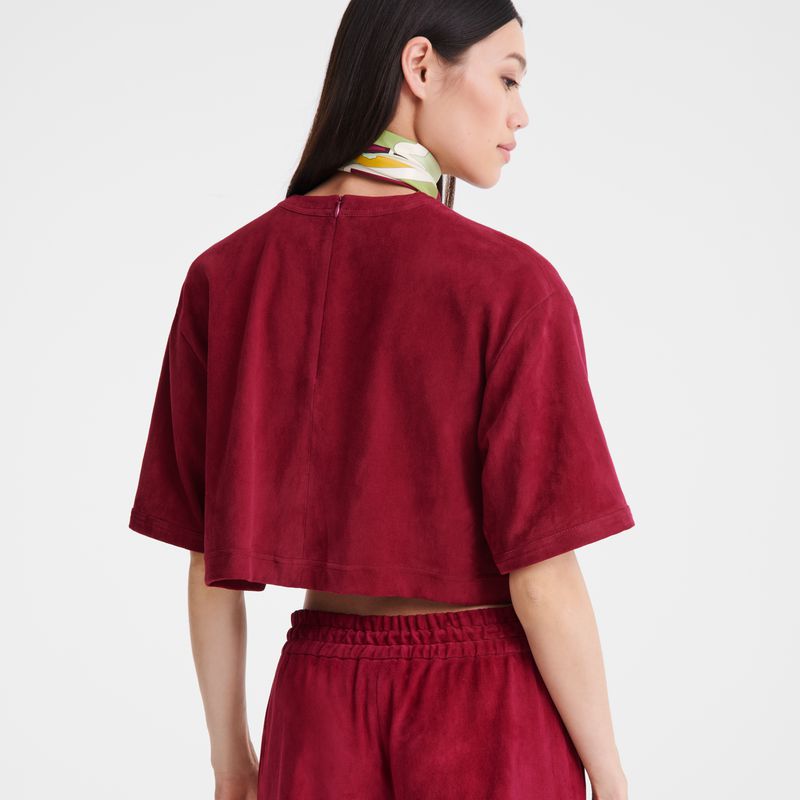 Women Longchamp Leather Crop Top Dark Red | Ireland-726AROPUT