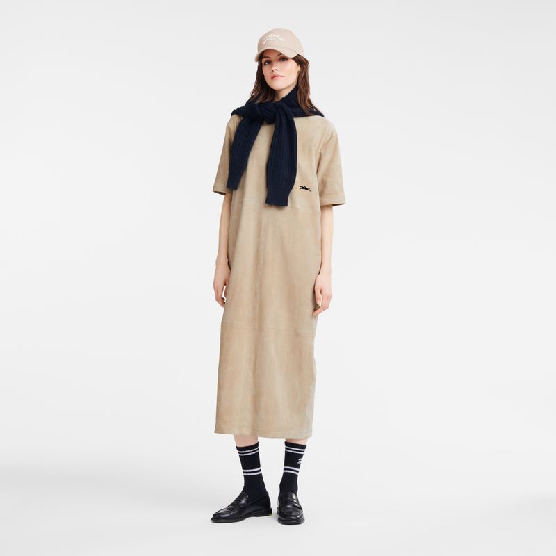 Women Longchamp Leather Long Dress Beige | Ireland-920OXJQCE