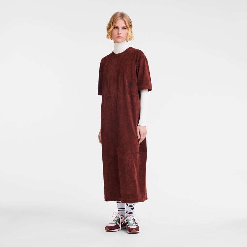Women Longchamp Leather Long Dress Burgundy | Ireland-960UNKGCM