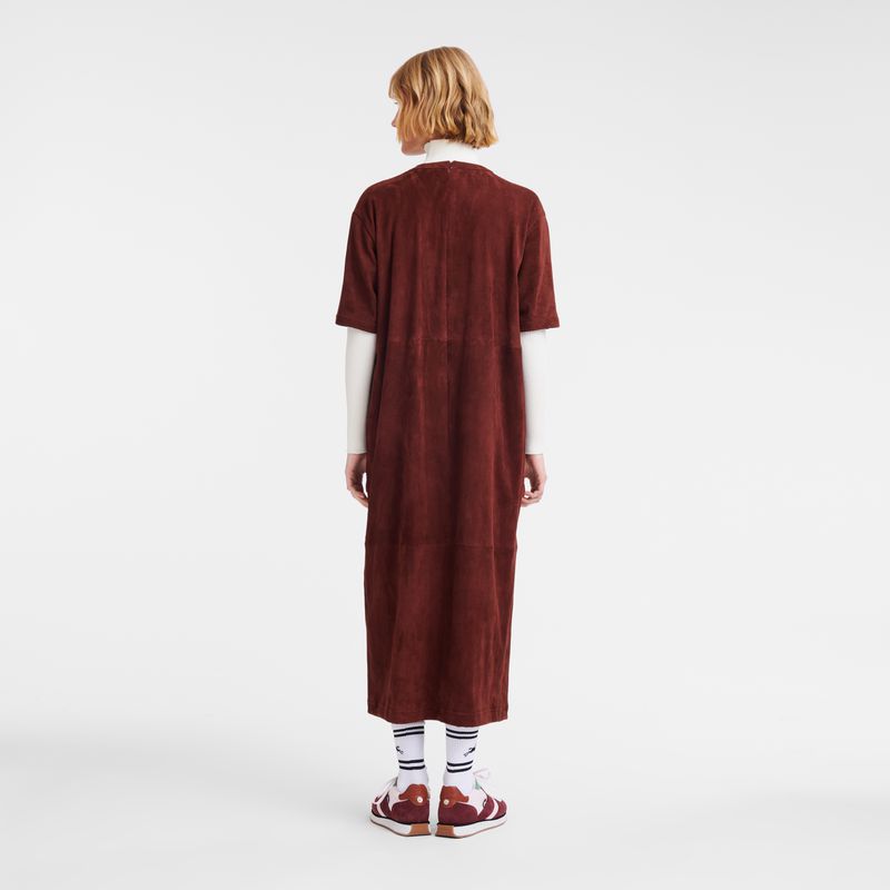 Women Longchamp Leather Long Dress Burgundy | Ireland-960UNKGCM