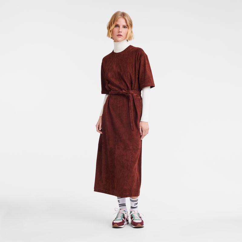 Women Longchamp Leather Long Dress Burgundy | Ireland-960UNKGCM