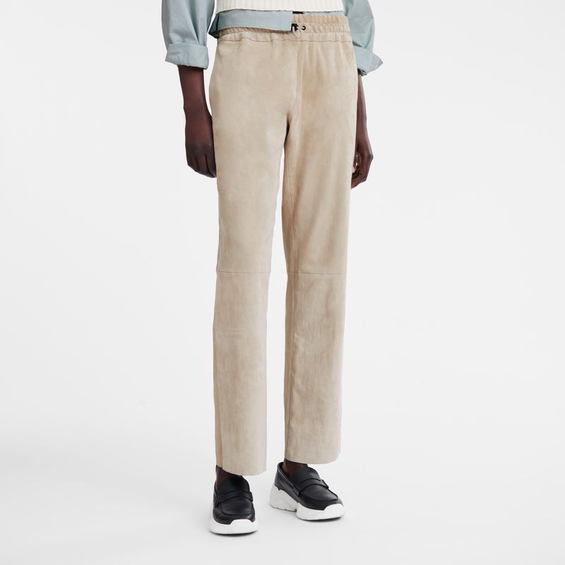 Women Longchamp Leather Straight Pants Beige | Ireland-703QGYJZA