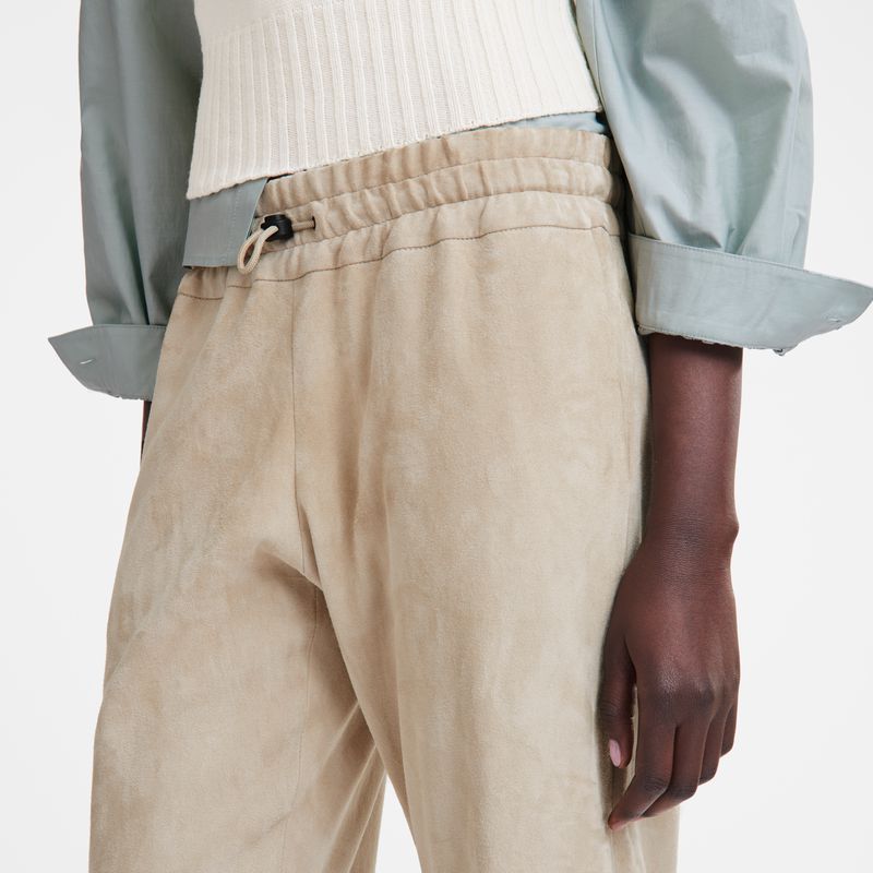 Women Longchamp Leather Straight Pants Beige | Ireland-703QGYJZA