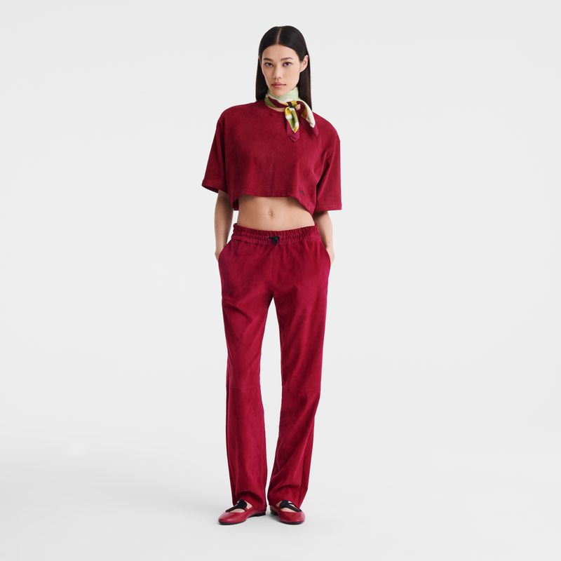Women Longchamp Leather Straight Pants Dark Red | Ireland-849QWOKST