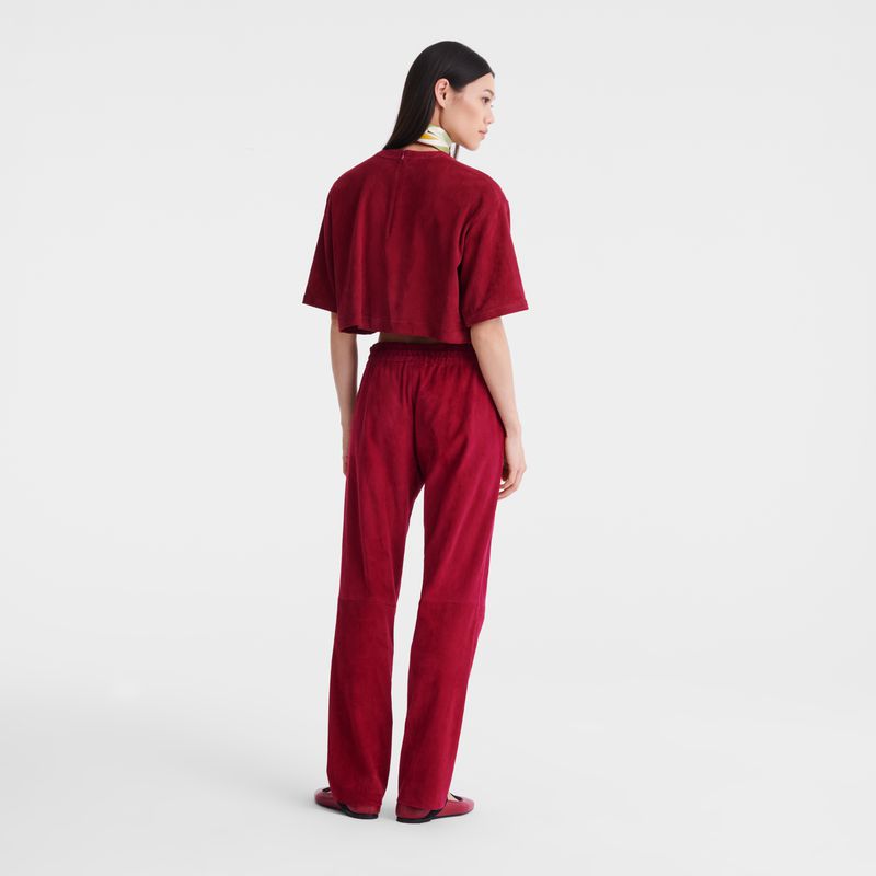 Women Longchamp Leather Straight Pants Dark Red | Ireland-849QWOKST