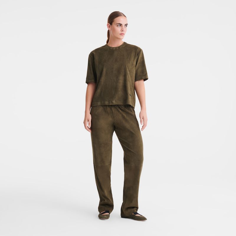 Women Longchamp Leather Straight Pants Khaki | Ireland-170VSPUJY