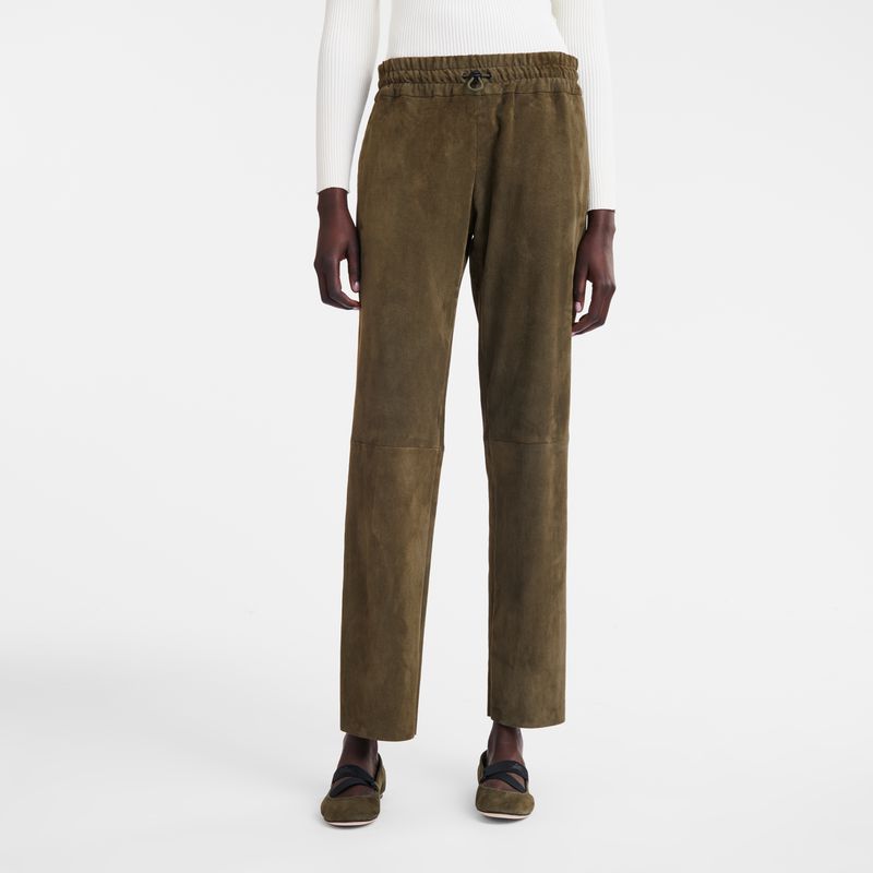 Women Longchamp Leather Straight Pants Khaki | Ireland-170VSPUJY