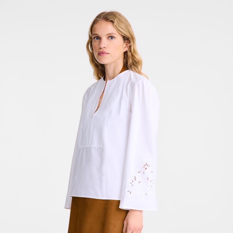 Women Longchamp Poplin Embroidered Blouse White | Ireland-396RJGFHM