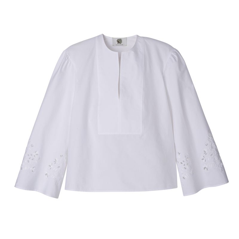 Women Longchamp Poplin Embroidered Blouse White | Ireland-396RJGFHM