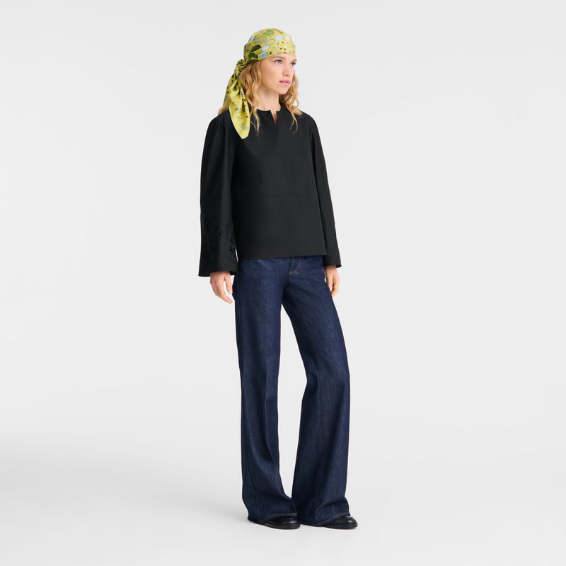 Women Longchamp Poplin Embroidered Blouse Black | Ireland-305TBZVID