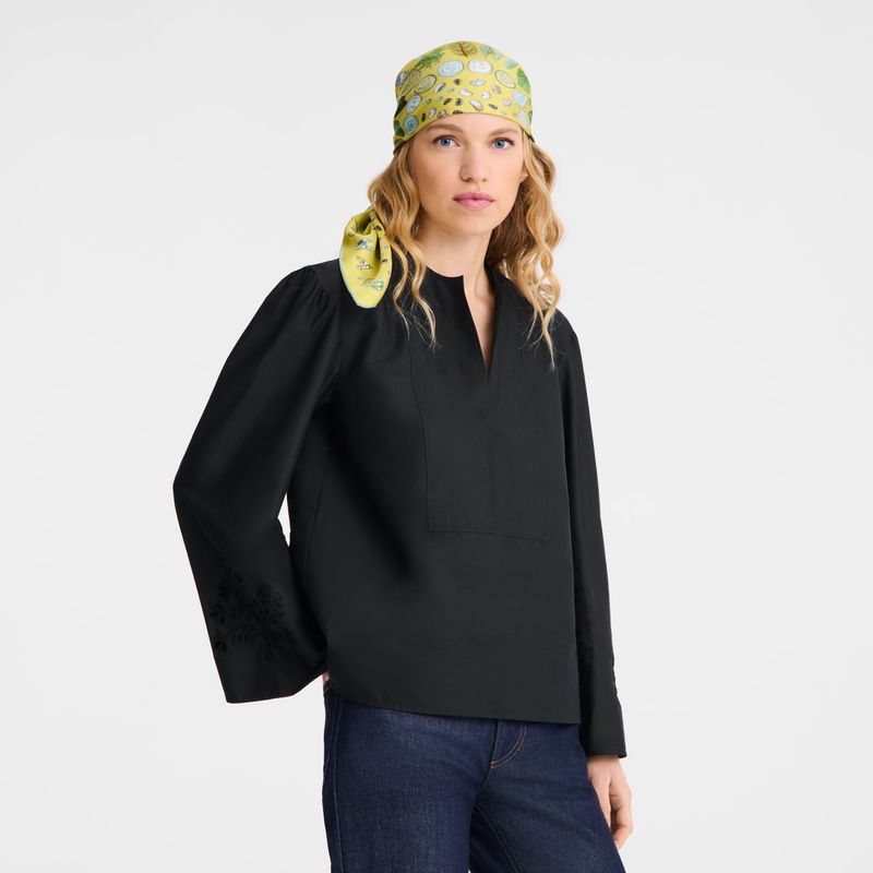 Women Longchamp Poplin Embroidered Blouse Black | Ireland-305TBZVID