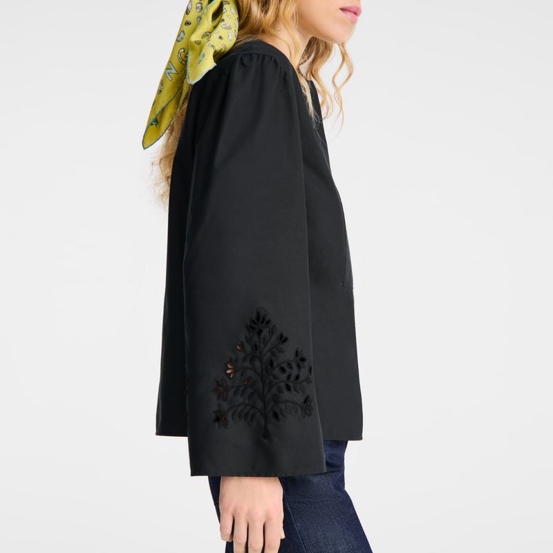Women Longchamp Poplin Embroidered Blouse Black | Ireland-305TBZVID