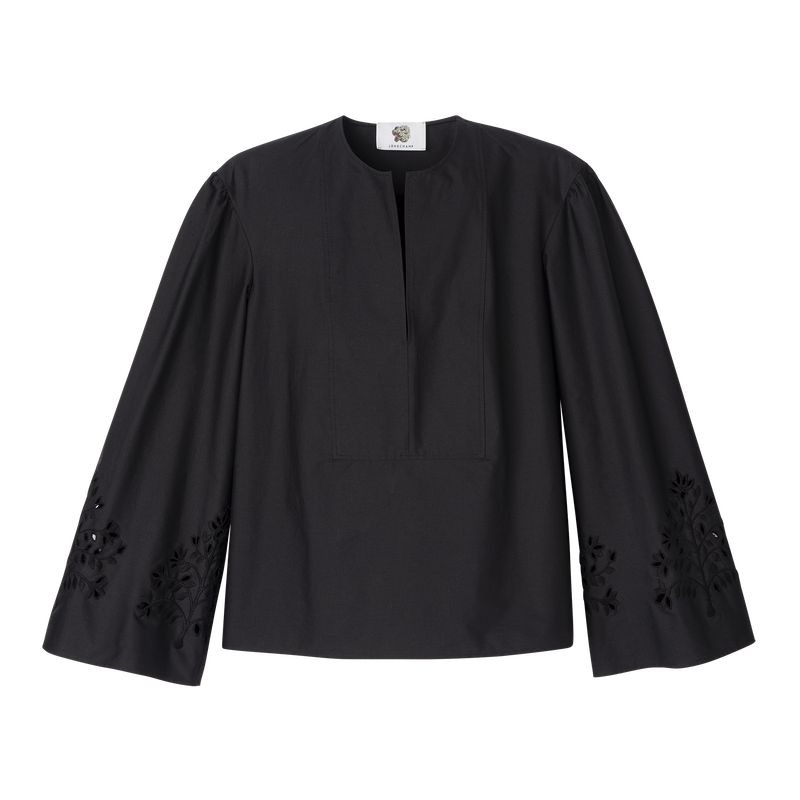 Women Longchamp Poplin Embroidered Blouse Black | Ireland-305TBZVID