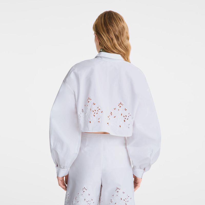 Women Longchamp Poplin Embroidered Shirts White | Ireland-328GJKPFM