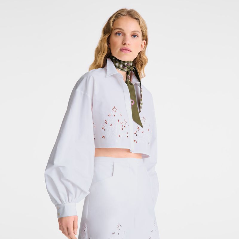 Women Longchamp Poplin Embroidered Shirts White | Ireland-328GJKPFM