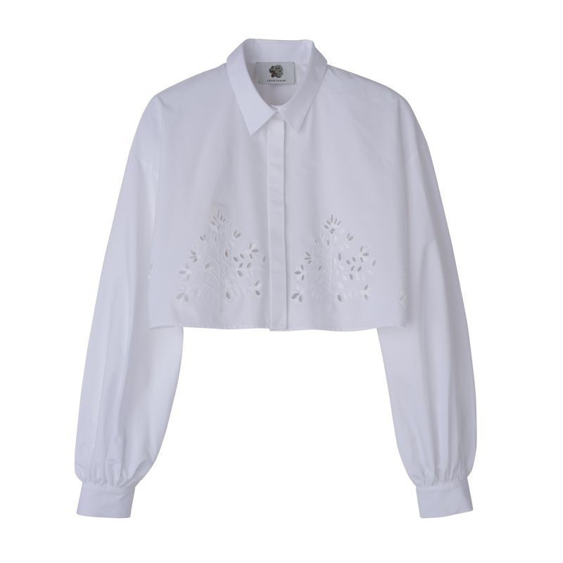 Women Longchamp Poplin Embroidered Shirts White | Ireland-328GJKPFM