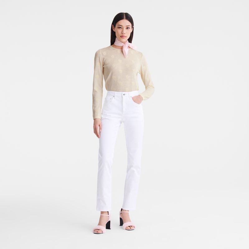 Women Longchamp Round Neck Sweater Cream | Ireland-485SLFXEA