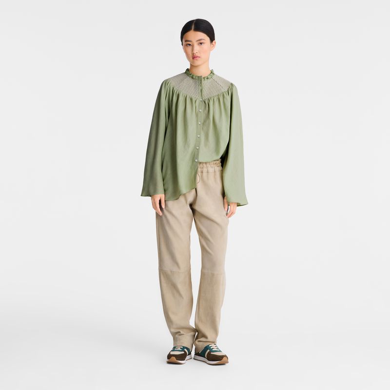 Women Longchamp Smocked Veil Blouse Green | Ireland-017CMJKIN