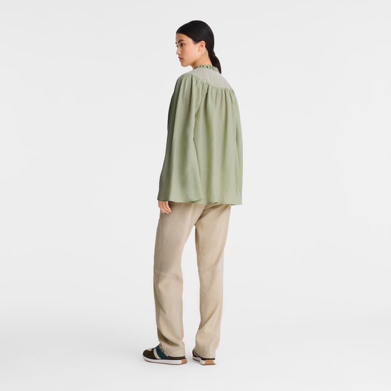 Women Longchamp Smocked Veil Blouse Green | Ireland-017CMJKIN