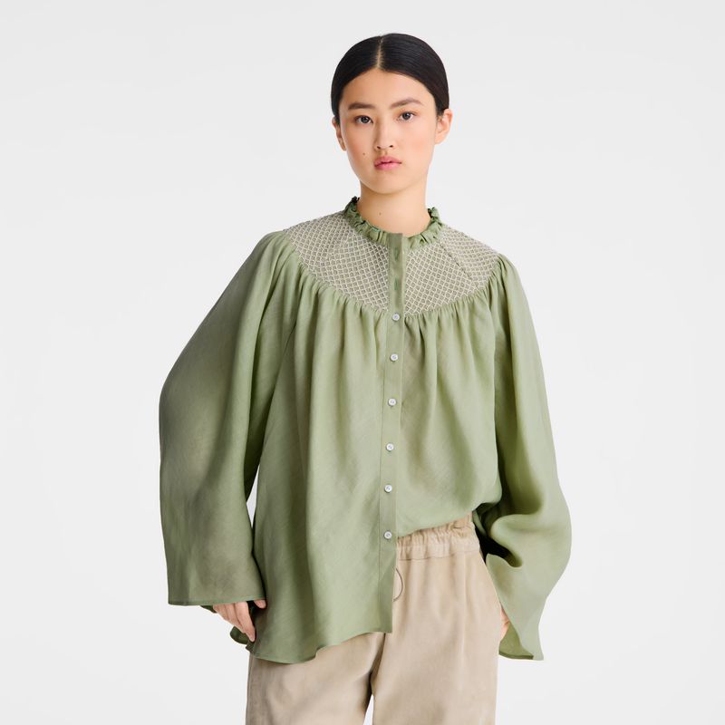 Women Longchamp Smocked Veil Blouse Green | Ireland-017CMJKIN