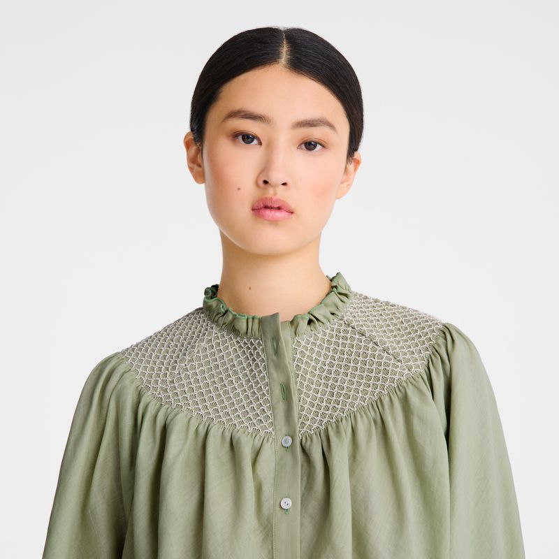 Women Longchamp Smocked Veil Blouse Green | Ireland-017CMJKIN